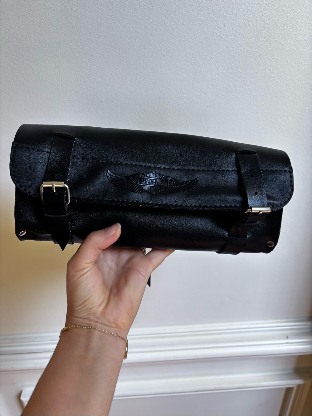 Harley-Davidson Black Leather Roll-Up Tool Pouch with Winged Logo